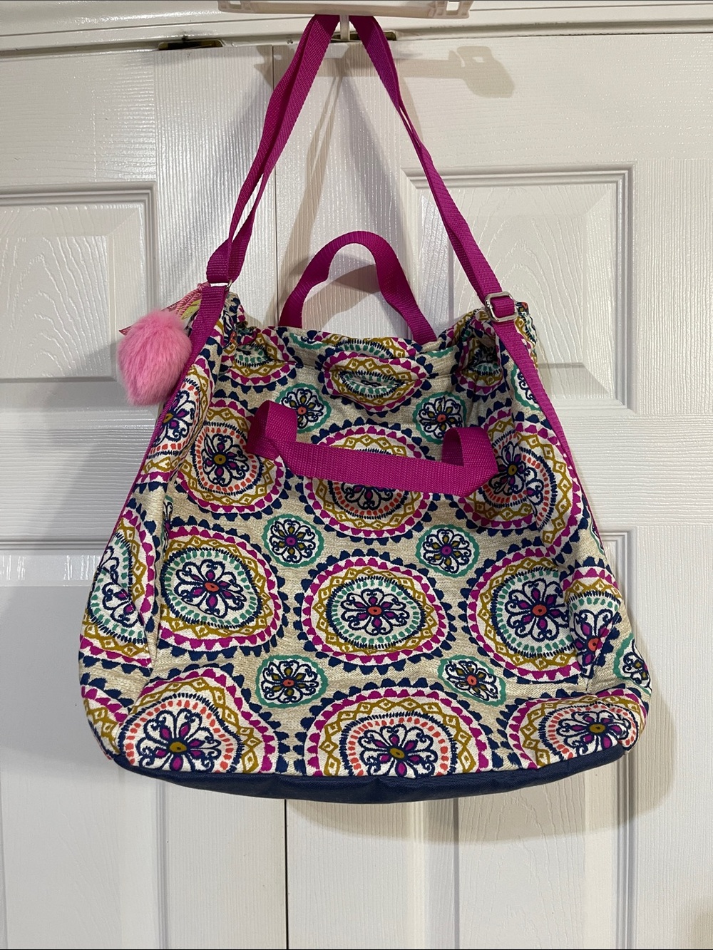 Patterned Tote with Hot Pink Handles